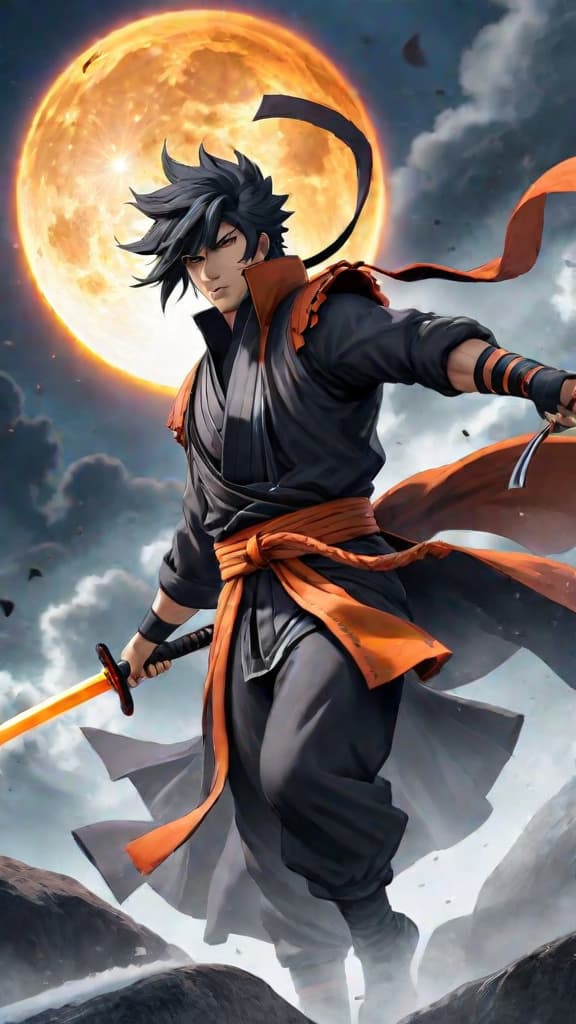  anime art: a ninja harnessing the eclipse devourer jutsu, surrounded by swirling chakra energy. hyperrealistic, full body, detailed clothing, highly detailed, cinematic lighting, stunningly beautiful, intricate, sharp focus, f/1. 8, 85mm, (centered image composition), (professionally color graded), ((bright soft diffused light)), volumetric fog, trending on instagram, trending on tumblr, HDR 4K, 8K