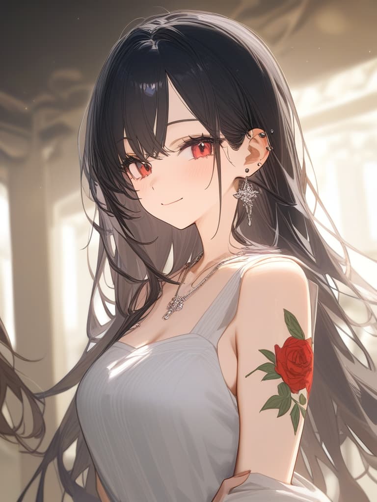  long hair, black hair, hair tips are pink, red eyes, hanging, bangs, and length of bangs, adults, adult faces, piercings, necklaces, hair are light pink and black, thin makeup on the arm. there is a rose tattoo, a rose tattoo on your arm, smiling, masterpiece, best quality,8k,ultra detailed,high resolution,an extremely delicate and beautiful,hyper detail