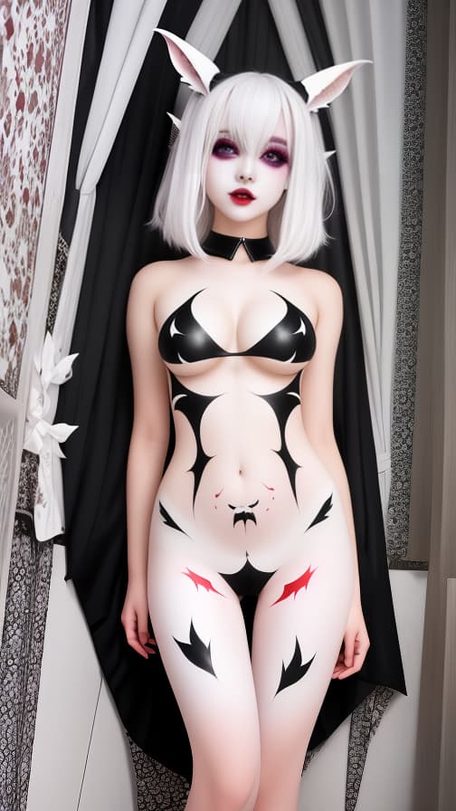  White bat pattern body paint in every corner of the body, Blark body paint all over the body, Blark face paint on the face, Two succubus sisters, full body image 女性