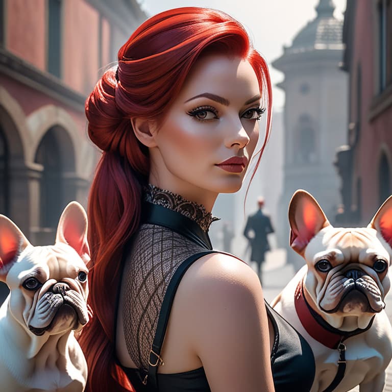  red haired woman with her french bulldogs hyperrealistic, full body, detailed clothing, highly detailed, cinematic lighting, stunningly beautiful, intricate, sharp focus, f/1. 8, 85mm, (centered image composition), (professionally color graded), ((bright soft diffused light)), volumetric fog, trending on instagram, trending on tumblr, HDR 4K, 8K