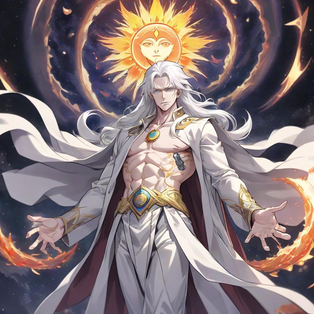  anime artwork man, white haired, tall, sullen, divine robe, god of the sun and moon, middle aged, pumped body, pale skin . anime style, key visual, vibrant, studio anime, highly detailed