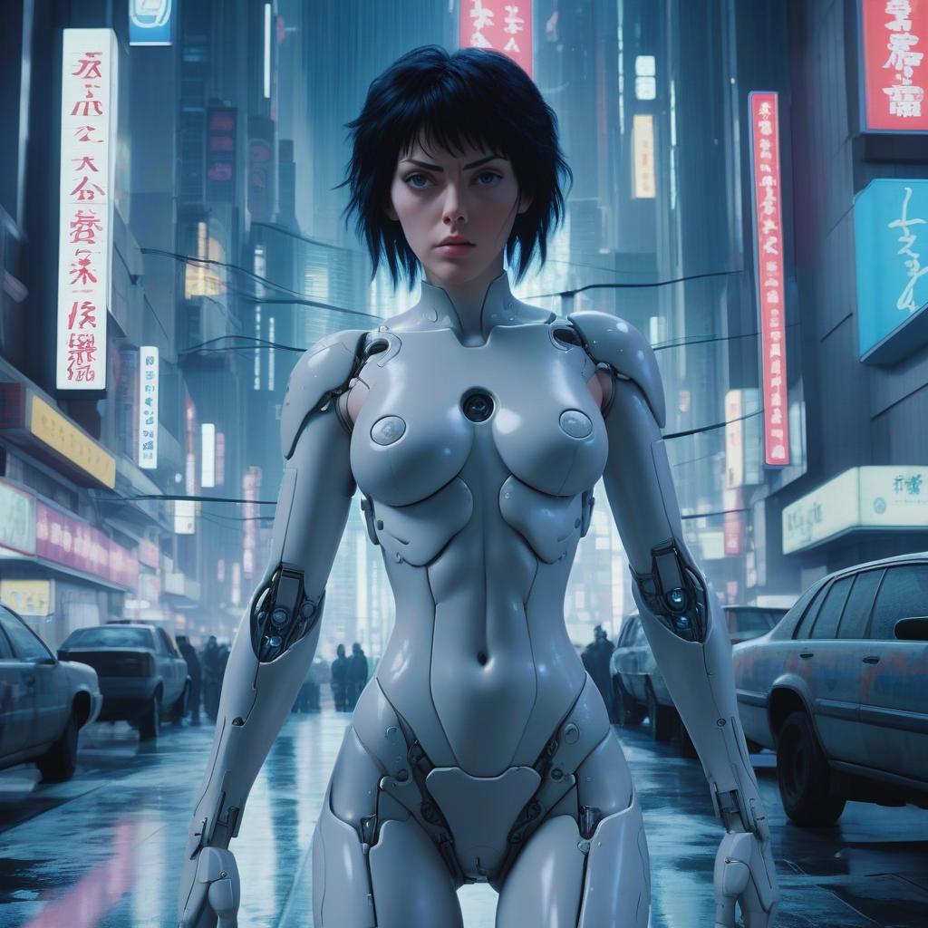  create an 8k uhd ultra highly detailed beautiful screenshot that captures the essence of a 1990s anime, specifically emulating the iconic 'ghost in the shell' 1995 film and the retro art style of mamoru oshii. this image should feature a beautiful cyborg girl, integrating the classic aesthetic with modern detailing. the scene should be rich in the retro futuristic ambiance characteristic of 'ghost in the shell', with intricate backgrounds featuring wires and futuristic technology. the cyborg girl should be central in the frame, her design a homage to the era's art style yet rendered with todayâs ultra high definition clarity. pay special attention to the textures and details of her cyborg nature, such as metallic elements, wiring, and 