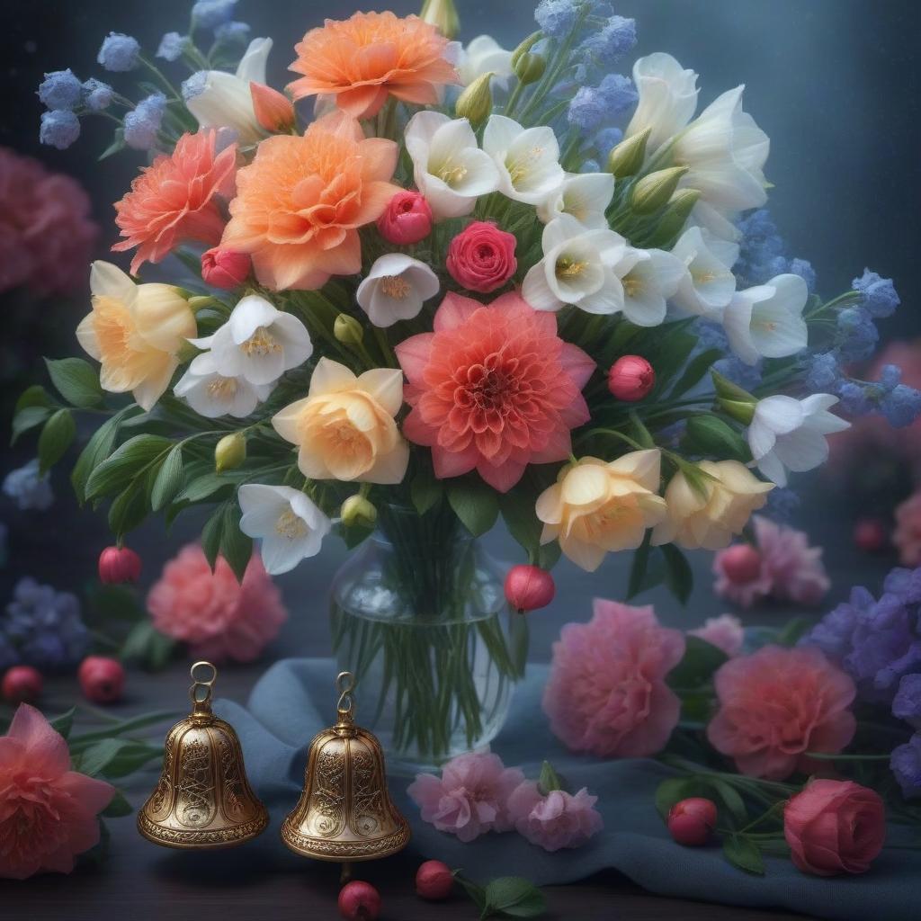  Bouquet of bells (flowers) hyperrealistic, full body, detailed clothing, highly detailed, cinematic lighting, stunningly beautiful, intricate, sharp focus, f/1. 8, 85mm, (centered image composition), (professionally color graded), ((bright soft diffused light)), volumetric fog, trending on instagram, trending on tumblr, HDR 4K, 8K