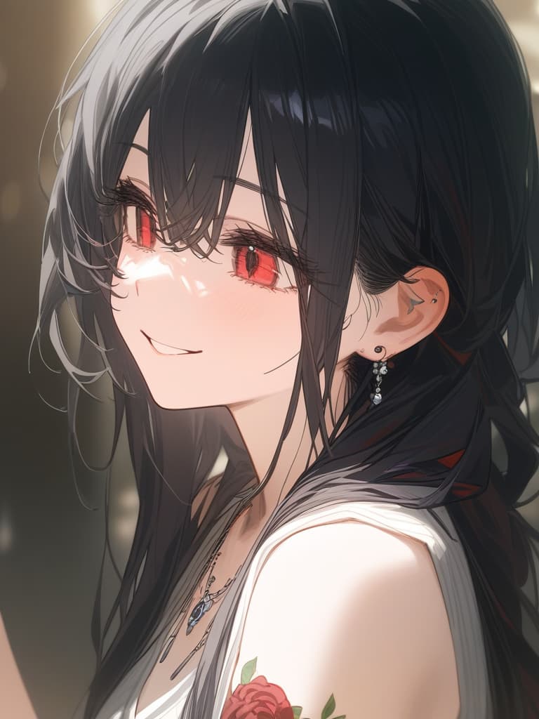  long hair, black hair, hair tips are pink, red eyes, hanging eyes, bangs lengths, smiles, adults, adult faces, piercings, necklaces, hair are light pink, black, thin makeup, arms. contains a red rose tattoo, a rose tattoo on the arm, a hidden eye, masterpiece, best quality,8k,ultra detailed,high resolution,an extremely delicate and beautiful,hyper detail