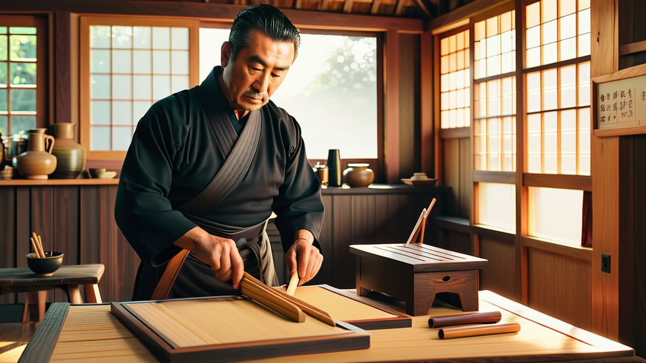  a serene japanese workshop adorned with intricate wooden tools, showcasing a master craftsman skillfully assembling a delicate sashimono joint, surrounded by rich, polished wood grains and soft natural light filtering through shoji screens. hyperrealistic, full body, detailed clothing, highly detailed, cinematic lighting, stunningly beautiful, intricate, sharp focus, f/1. 8, 85mm, (centered image composition), (professionally color graded), ((bright soft diffused light)), volumetric fog, trending on instagram, trending on tumblr, HDR 4K, 8K