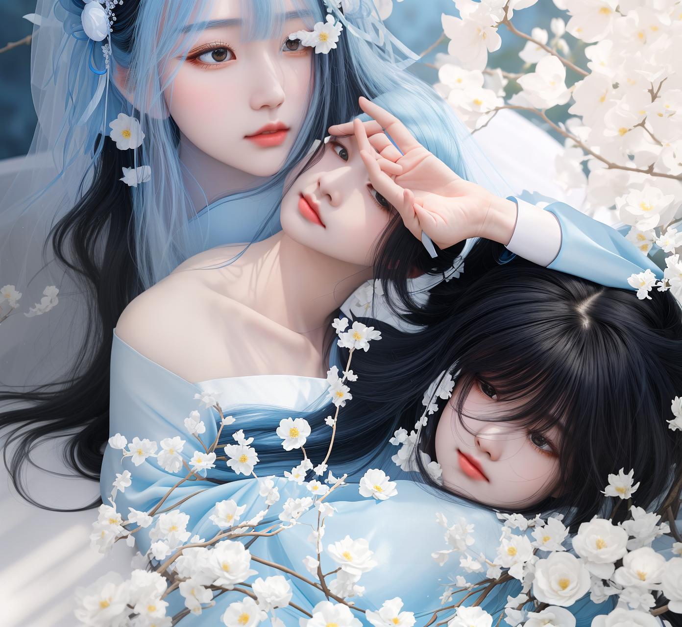  masterpiece, best quality, (fidelity: 1.4), best quality, masterpiece, ultra high resolution, poster, fantasy art, very detailed faces, 8k resolution, chinese style, an woman, side face, quiet, light blue hanfu, tulle coat, long black hair, light blue fringed hair ornament, hairpin, white ribbon, white flower bush, light blue butterfly flying, cinematic lighting effects