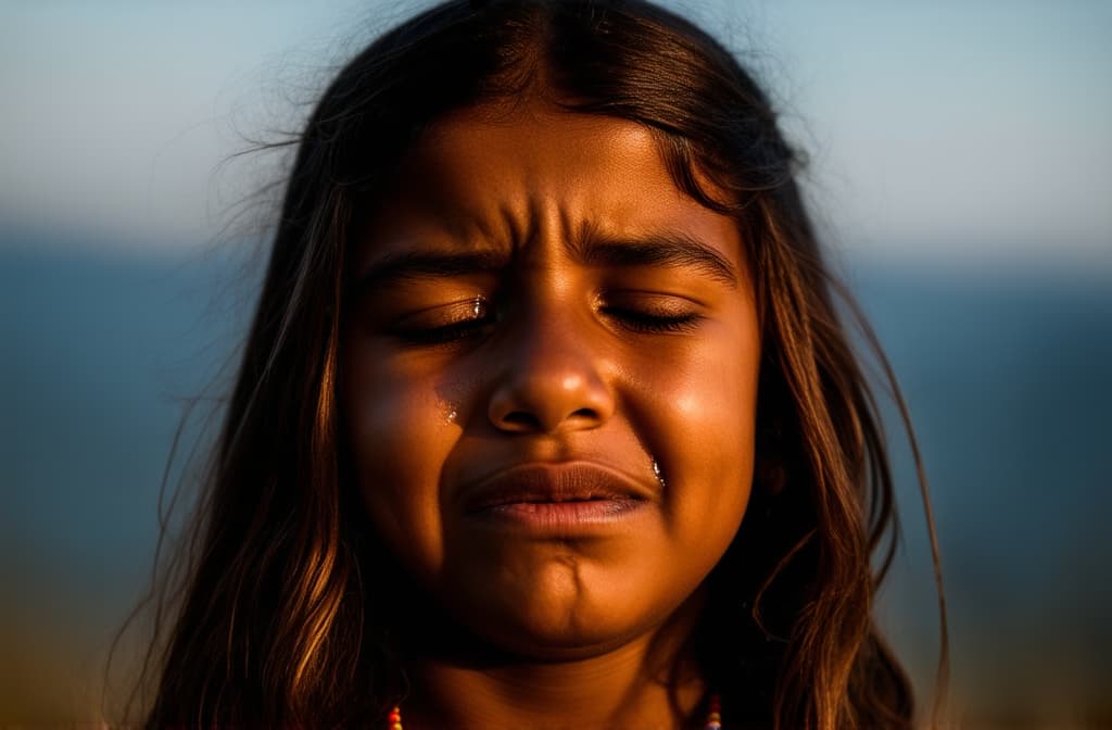  young sad native american girl crying with tears streaming down her cheeks. emotional breakdown, closed eyes and closed mouth ar 3:2, (natural skin texture), highly detailed face, depth of field, hyperrealism, soft light, muted colors