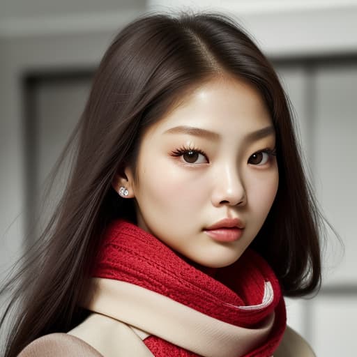  (--Style Photoralism, Jennie Kim) a close up of a woman with a red scarf on, blackpink jennie, popular south korean makeup, portrait of female korean idol, popular korean makeup, beautiful south korean woman, harpers bazaar, harper's bazaar, beautiful oriental woman, korean face features, dior campaign, korean audrey hepburn, vogue journal cover, inspired by Zhang Shuqi, detailed face of a asian girl