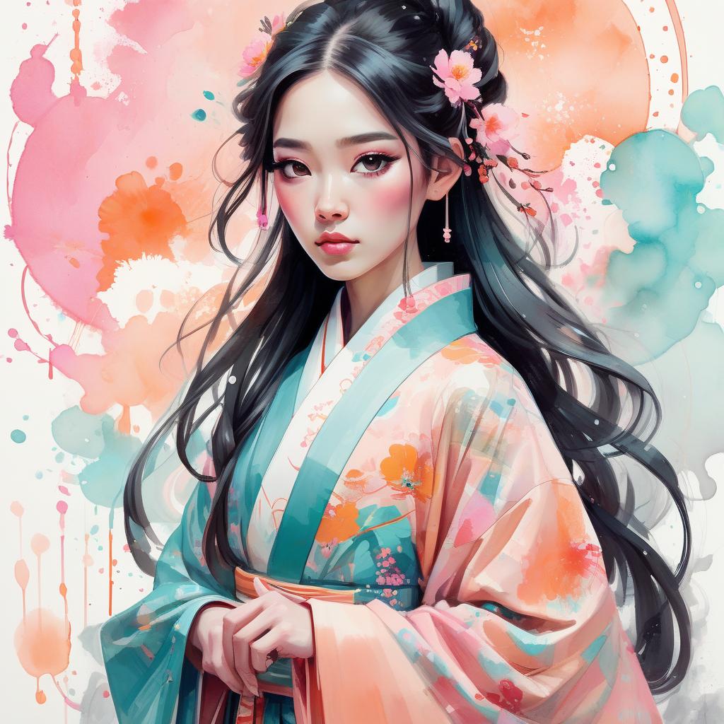  concept art an asian woman wearing an intricate kimono, digital watercolor painting, paint splatter, long hair, bold brush strokes, pale skin, bright colors on white background, pink peach orange teal black color palette, symmetrical, bold eyeshadow, adorable, cute, pixar style painting, art nouveau . digital artwork, illustrative, painterly, matte painting, highly detailed