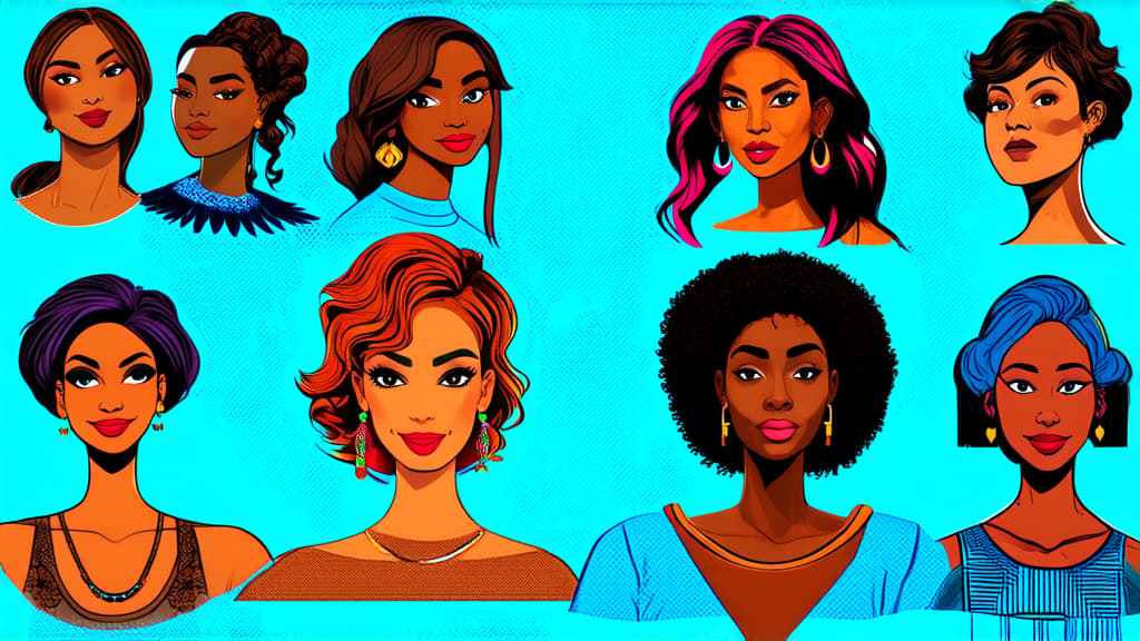  different beauty. set of different female heads. different races and nationalities. colored hand drawn illustration ar 16:9 {prompt}, maximum details