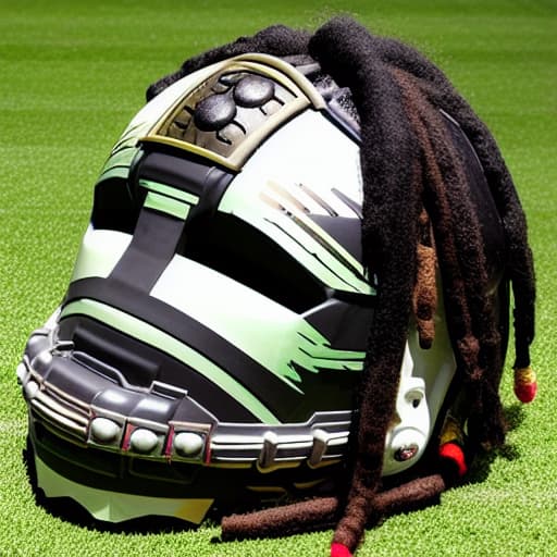  a titan helmet with dreadlocks and a soccer ball