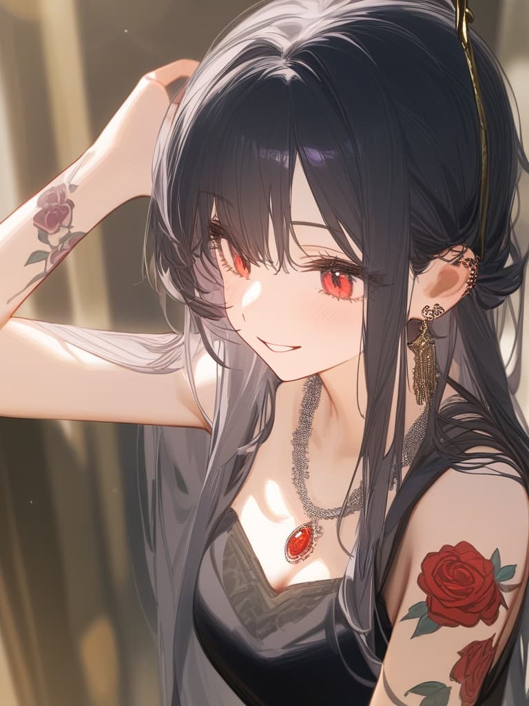  long hair, black hair, hair tips are pink, red eyes, hanging, bangs, and length of bangs, adults, adult faces, piercings, necklaces, hair are light pink and black, thin makeup on the arm. there is a rose tattoo, a rose tattoo on your arm, smiling, masterpiece, best quality,8k,ultra detailed,high resolution,an extremely delicate and beautiful,hyper detail