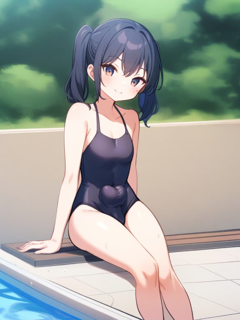  women's elementary students, twin tails, cute smiles, rich s, low stages, dark blue swimwear, old swimwear, swimwear, simple, male, shaped pulp, shaped area, clear phimosis, shaped stiff, male bulge ,,, front, whole body, poolside,