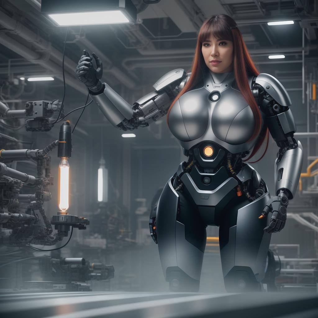  A cyborg obese woman with long hair and bangs, robotic arms and legs, exposed components and wiring, brightly lit laboratory background, full body photo looking into the camera hyperrealistic, full body, detailed clothing, highly detailed, cinematic lighting, stunningly beautiful, intricate, sharp focus, f/1. 8, 85mm, (centered image composition), (professionally color graded), ((bright soft diffused light)), volumetric fog, trending on instagram, trending on tumblr, HDR 4K, 8K