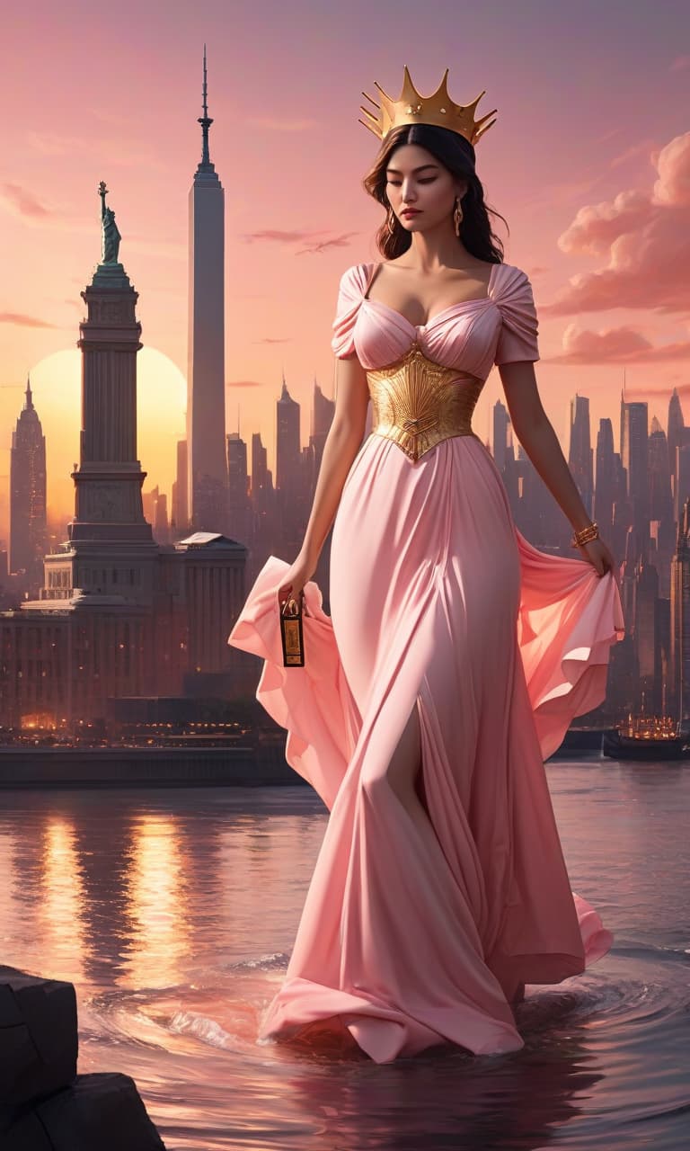  concept art tarot color pink, white, black, gold against the backdrop of a sunset city in the faraway, among the water stands the statue of liberty in a chic dress by dolce & gabbana . digital artwork, illustrative, painterly, matte painting, highly detailed, perfect hands