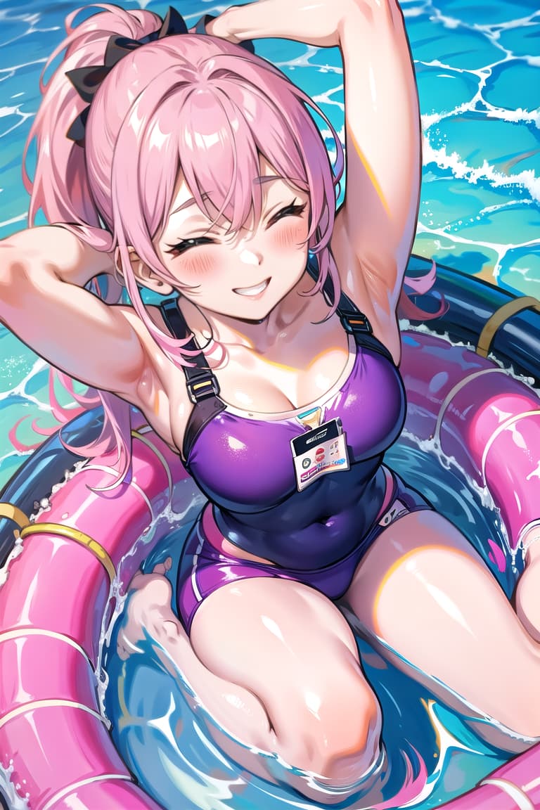  r 18, , middle , pink haired ,ponytail,large eyes,wearing a vint purple , arms raised, hands behind her head. She tilts her face up towards the sun, eyes closed, radiating happiness. The camera captures her from above, showcasing the sparkling water and vint pool tiles.