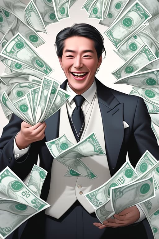  Please create a picture of a man with abundant dollars and look so powerful and happy