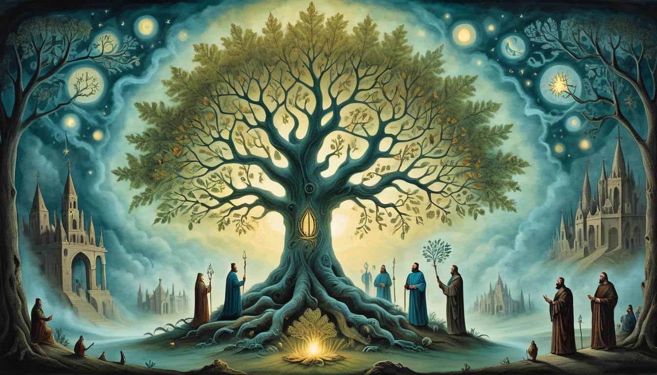  on parchment, surrealism+++, a glowing tree with radiant leaves, figures gathered below listening, divine wisdom, sacred knowledge(mysterious, provocative, symbolic,muted color)+++