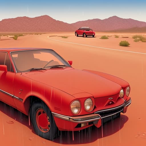  Red car in the desert and it is raining