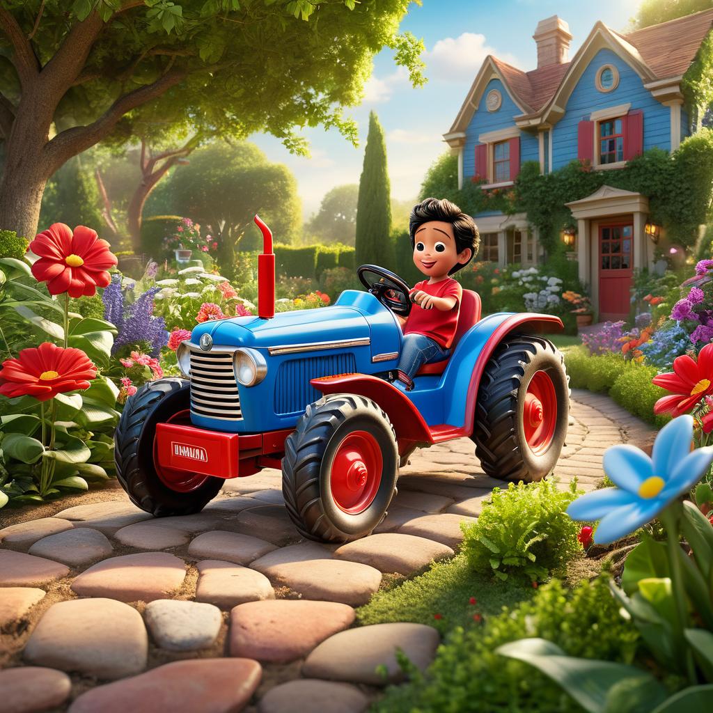  in 3d animated movie style. disney pixar style. hammaad, old wearing blue t shirt, denim shorts, red sneakers, . toy car fast, friendly, mischievous, tractor loyal, helpful. garden scene with winding path, colorful flowers, lush greenery. high res pixar 3d animated film style. vint colors, warm lighting. dynamic low angle shows hammaad's surprise, determination chasing toy car. focus on character interaction and garden setting. high resolution, 16:9 aspect ratio.