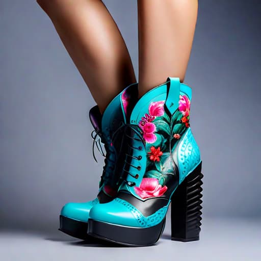  Create a photorealistic digital illustration of a women’s short boot with balanced parts, ornate soles, mid height platform heel, and covered in soft, luxurious textured materials. The art style should blend elements of Irregular Choice, Buffalo London, and Issey Miyake. hyperrealistic, full body, detailed clothing, highly detailed, cinematic lighting, stunningly beautiful, intricate, sharp focus, f/1. 8, 85mm, (centered image composition), (professionally color graded), ((bright soft diffused light)), volumetric fog, trending on instagram, trending on tumblr, HDR 4K, 8K