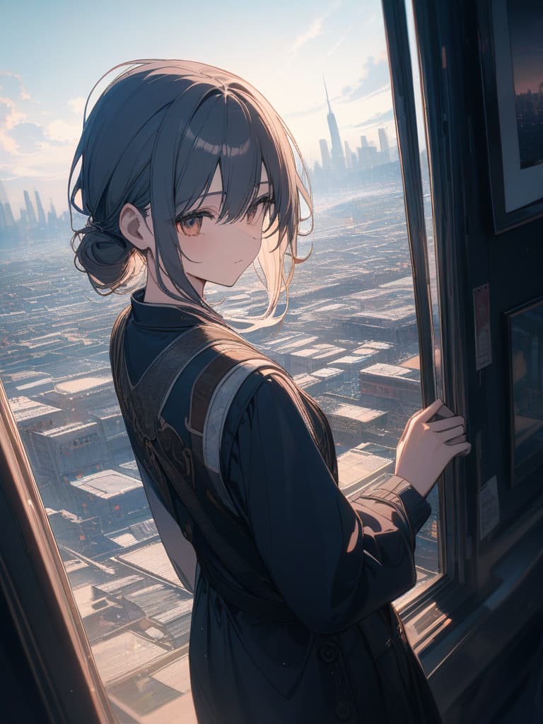  the man is looking out of the window, the sky outside the window is a little cloudy, the man is looking far away and looking at someone, looking at the distant city, masterpiece, best quality,8k,ultra detailed,high resolution,an extremely delicate and beautiful,hyper detail