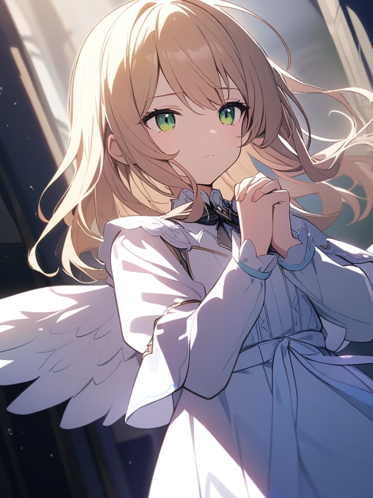  ((angel,cute,beautiful girl,wings,wings falling down,beautiful,green eyes,blonde,long hair,vertical curls,white dress,hands clasped,beautiful))ultra detailed,best shadow,cute and beautiful face,(masterpiece:1.2),(best quality:1.2),detailed background,high contrast,(best illumination,an extremely delicate and beautiful),((cinematic light)),hyper detail,dramatic light,intricate details,8k,anime,very aesthetic