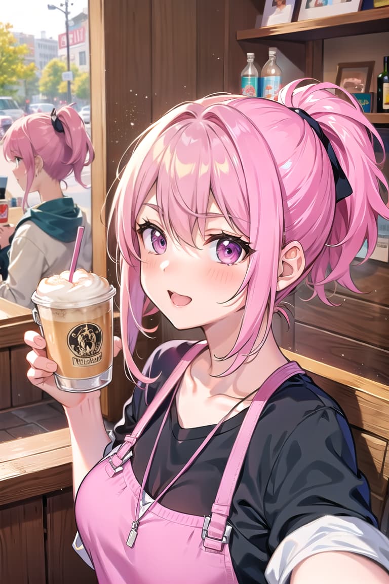  r 18, , middle , ,random situation, pink haired ,ponytail,large eyes,selfie in a cozy cafe, holding a latte, casual outfit