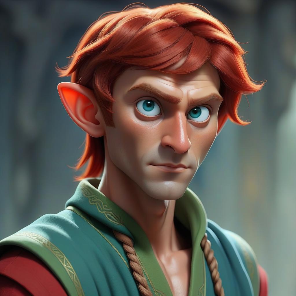  an elf man with short red hair and a short braid at the back, bright red pupils of eyes, tanned skin, dressed in a green robe without sleeves over a blue t shirt, oriental style clothing.