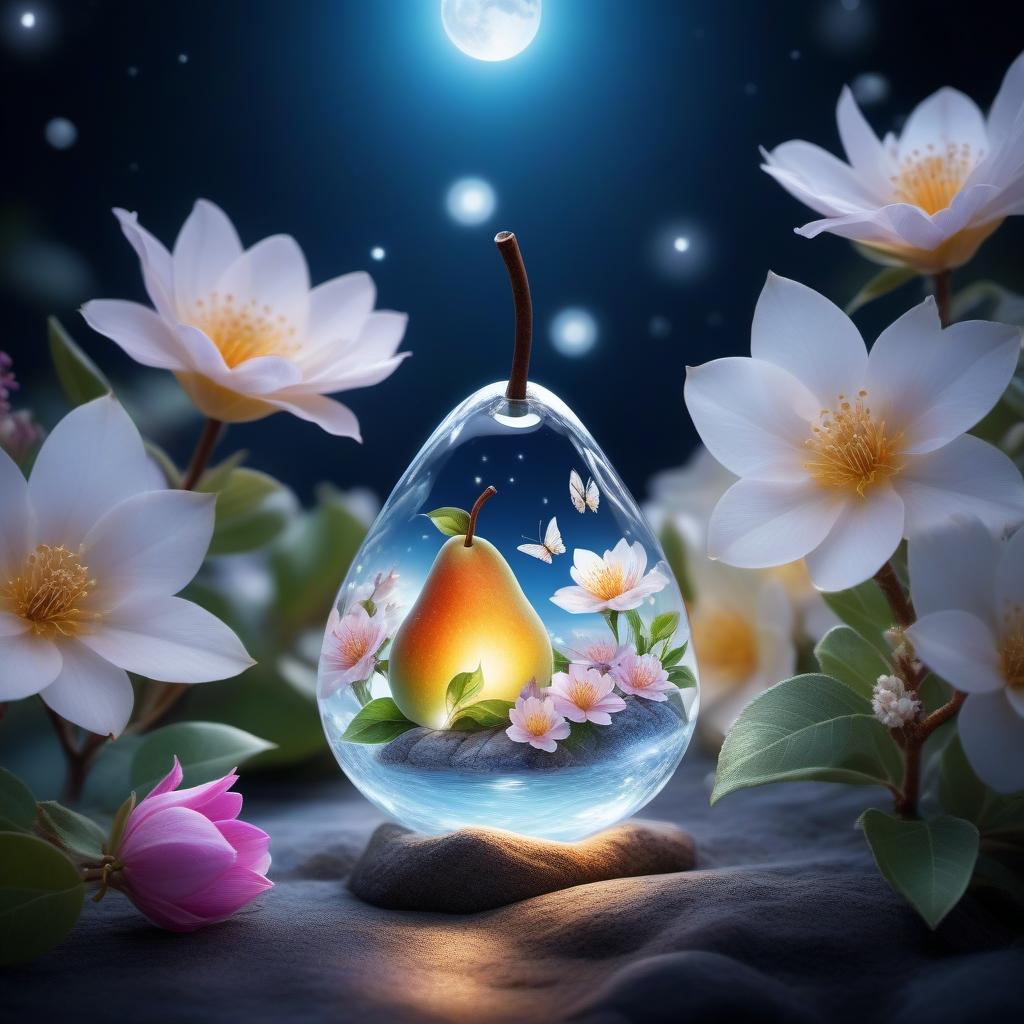  Crystal transparent pear , clear contours of a pear , glowing beautiful flowers inside a pear , pollination on flowers , bright night , sea , yacht , mountains , butterflies , moon , light shining fog , distant future 20000 , very high detail , 30000K quality