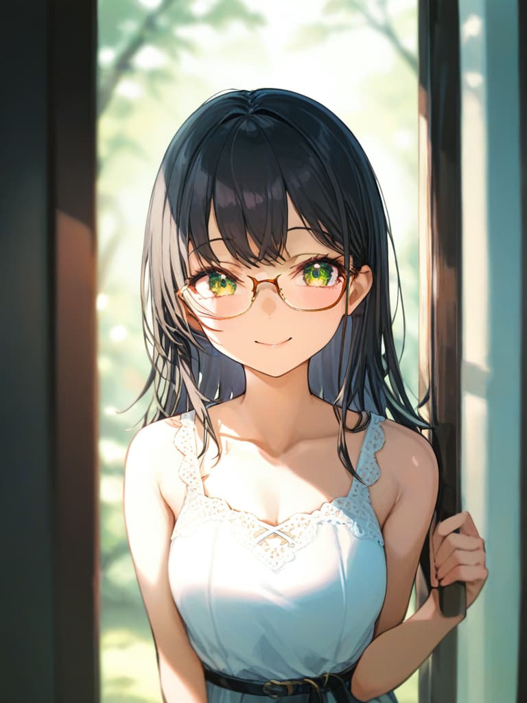  black hair, long hair, smile, glasses girl, glasses girl, girls wearing glasses, asahi, white dress, masterpiece, best quality,8k,ultra detailed,high resolution,an extremely delicate and beautiful,hyper detail