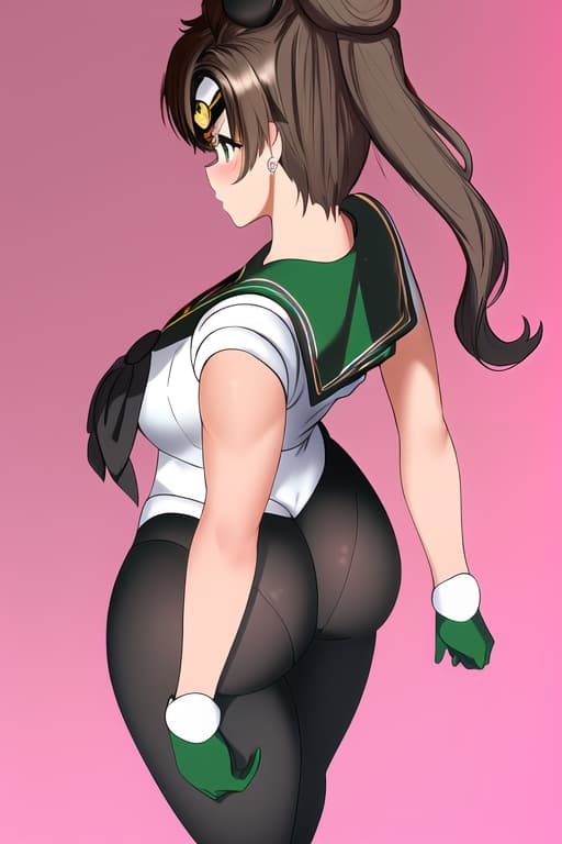  cute,black leggings,back view,big rear,(sailor jupiter:1.3), (masterpiece), (highest quality), (intricate), (high detail)