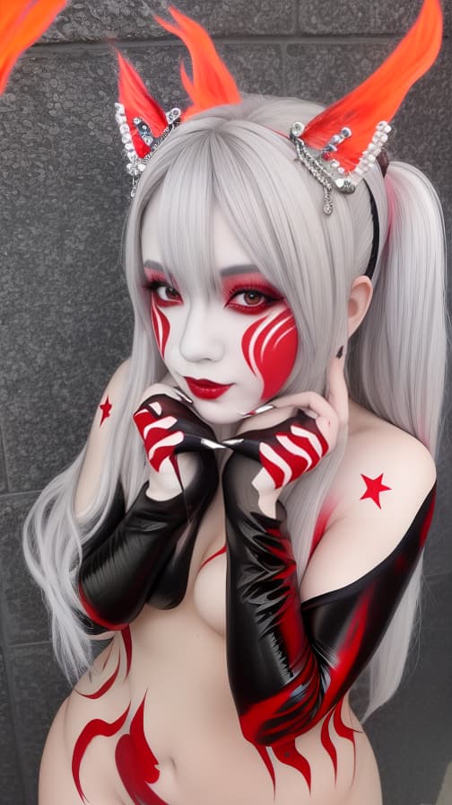  Full body red and white flame pattern body paint, silver body paint on the whole body,grey face paint on the face, succubus, full body image 女性