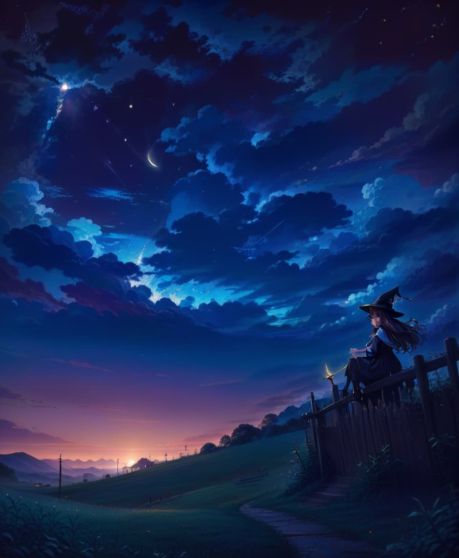  anime artwork night landscape, starry sky, dark, meadow at the bottom of the frame, witch in the right corner of the frame, sitting with her back to the viewer, sitting on a fence, magic, witchcraft, surrealism, magic wand . anime style, key visual, vibrant, studio anime, highly detailed, civitai, oil painting