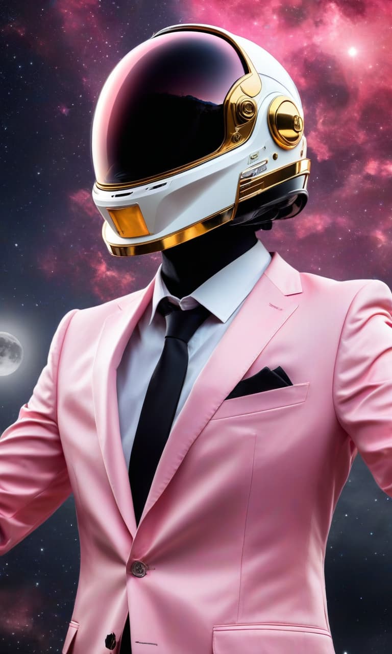  concept art color pink, white, black, gold night sky against the background of the moon stands a man in a suit facing us in the hands of a helmet . digital artwork, illustrative, painterly, matte painting, highly detailed, perfect hands