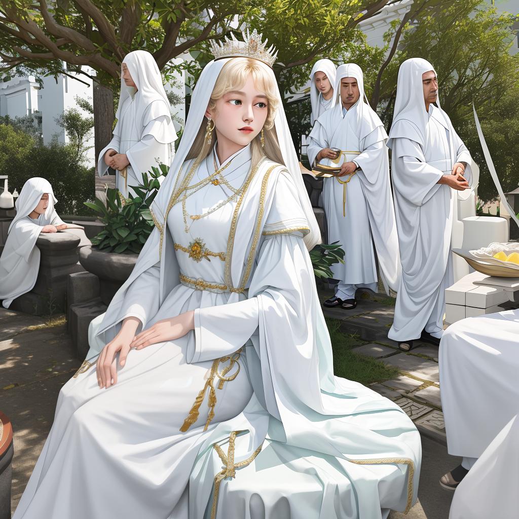  Masterpiece, the best quality, the Queen of Ruoi sits on the jade seat. The neighbors are surrounded by white and white men standing on the back of the high Ruoi. These men are covered with white and white cloth.