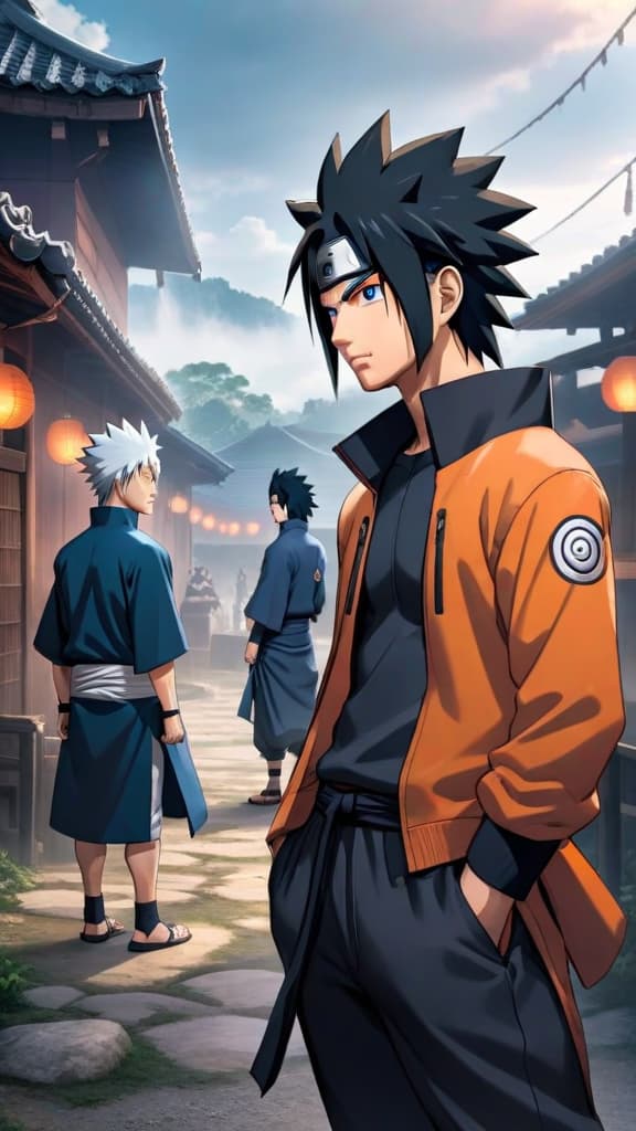  naruto and sasuke from naruto standing together with determined expressions, village background, anime art hyperrealistic, full body, detailed clothing, highly detailed, cinematic lighting, stunningly beautiful, intricate, sharp focus, f/1. 8, 85mm, (centered image composition), (professionally color graded), ((bright soft diffused light)), volumetric fog, trending on instagram, trending on tumblr, HDR 4K, 8K