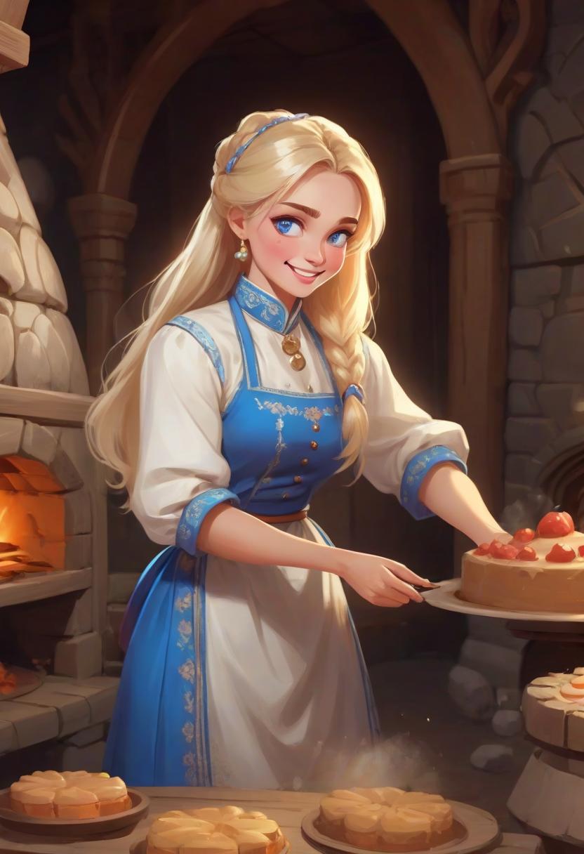  masterpiece, the best quality, a russian woman in traditional clothes prepares cakes in a stone oven, a very light smile, tense, piercing eyes, blue eyes, flowing blond hair, dressed in a traditional russian outfit, cooks in the open air, inside a wooden castle, against the background of an ancient russian throne room in a wooden castle, cartoon style, cute,