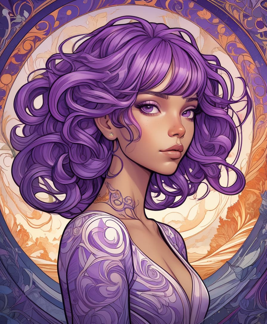  luxury product style light, centered, colorful, modern illustration of a girl with wild swirling purple hair full of landscapes. portrait, fibonacci sequence, tessellation, art nouveau, heavy outline comic book . elegant, sophisticated, high end, luxurious, professional, highly detailed