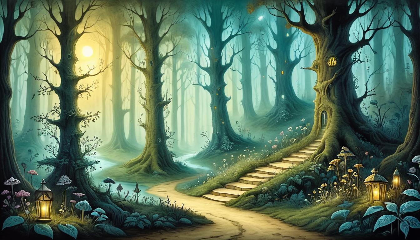  on parchment, surrealism+++, an illuminated path through an enchanted forest, radiant light guiding the way, mystical, purposeful progress(mysterious, provocative, symbolic,muted color)+++