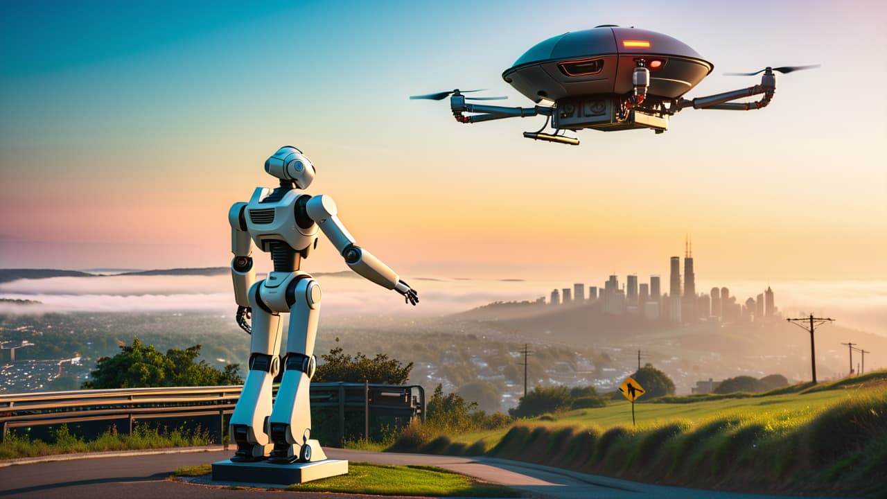  a collage showcasing four distinct robotics types: an industrial robot arm in a factory, a humanoid robot interacting with a child, a drone flying over a landscape, and an autonomous vehicle on a city street. hyperrealistic, full body, detailed clothing, highly detailed, cinematic lighting, stunningly beautiful, intricate, sharp focus, f/1. 8, 85mm, (centered image composition), (professionally color graded), ((bright soft diffused light)), volumetric fog, trending on instagram, trending on tumblr, HDR 4K, 8K