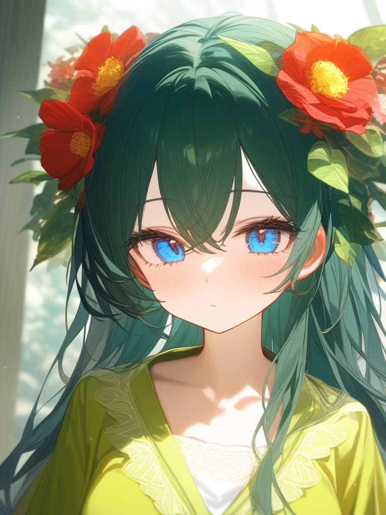  ozage, blue eyes, dark green hair, yellow green kimono, red flower, masterpiece, best quality,8k,ultra detailed,high resolution,an extremely delicate and beautiful,hyper detail