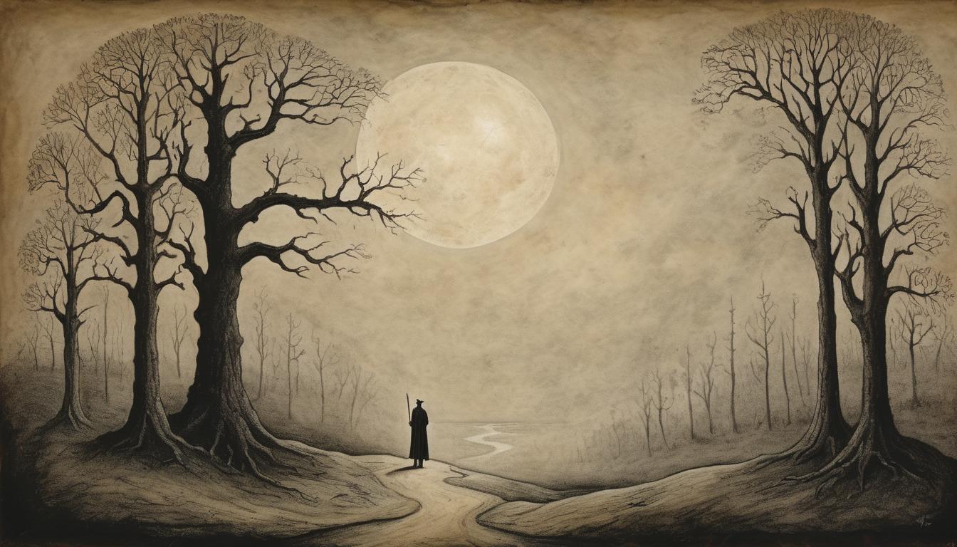  on parchment, surrealism++, solitary figure standing at a crossroads, dark forest in the background, faint moonlight breaking through, sense of decision and destiny(mysterious, provocative, symbolic)++