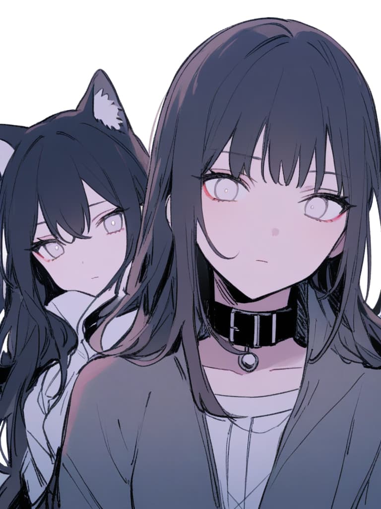  girls, white eyes, black collar, demon killing squad, swords, black hair with light blue mesh, cats, human, human, expressionless, white background, long hair