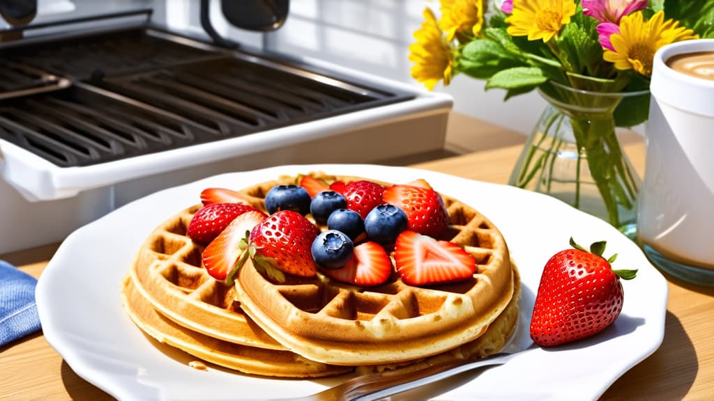  plate of waffles with strawberries, blueberries and hot cappuccino, photorealistic image, romanticism, loft photo in the morning, stunning light streaming through, of flowers and berries, summer sunlight, stock photo, cute, cinematic shot, waffles in a grill, beautiful and cute, home kitchen on a sunny day, cute ar 16:9 {prompt}, maximum details