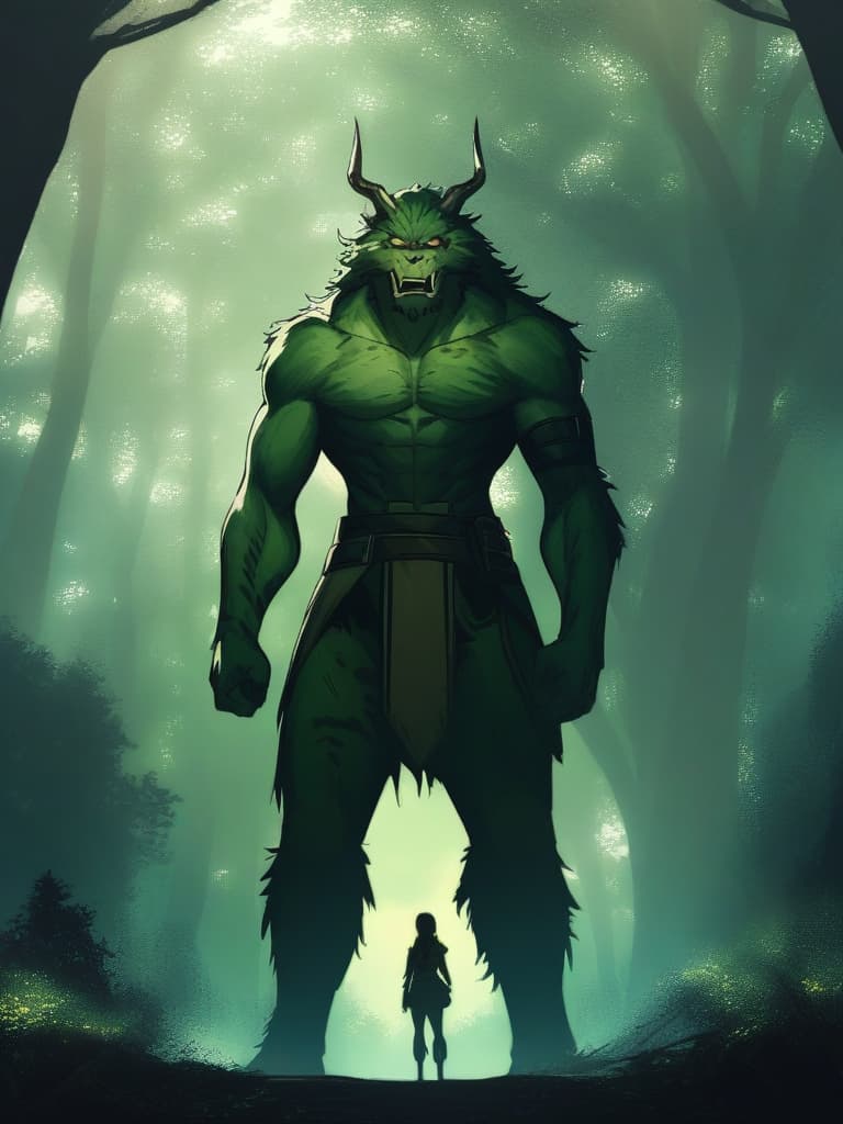  in the forest, beastman, female chemon, green fur, standing