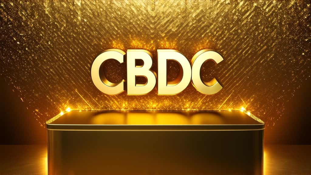  professional detailed photography, gold lettering "cbdc" on a metallic gold podium on a luminous gold background ar 16:9, (muted colors, dim colors, soothing tones), (vsco:0.3)