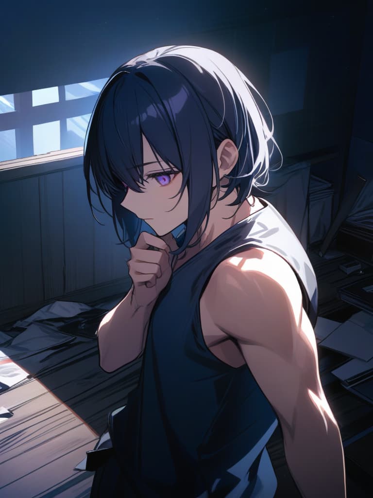  masterpiece,(young smart male:1.7),dark navy blue hair color,shaggy bangs covering eyes,((handsome)),(sharp blue purple eye color),faceup,((muscular)),standing,background is cluttered room,high quality,16k