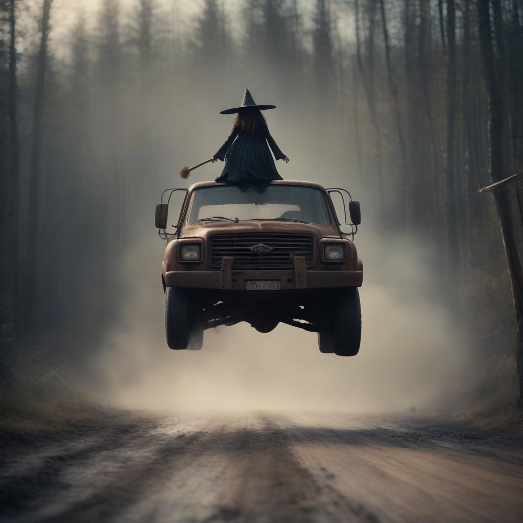  cinematic film still big witch flying a truck on a dirty wooden road, photorealism, 4k . shallow depth of field, vignette, highly detailed, high budget, bokeh, cinemascope, moody, epic, gorgeous, film grain, grainy