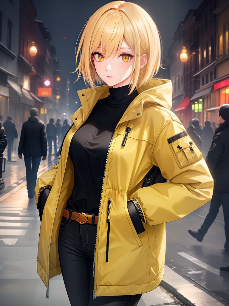  short bob, cool system, boyish, blonde, parka, upper body only, skinny pants, sings, street, orange eye, women, delicate, black, masterpiece, best quality,8k,ultra detailed,high resolution,an extremely delicate and beautiful,hyper detail hyperrealistic, full body, detailed clothing, highly detailed, cinematic lighting, stunningly beautiful, intricate, sharp focus, f/1. 8, 85mm, (centered image composition), (professionally color graded), ((bright soft diffused light)), volumetric fog, trending on instagram, trending on tumblr, HDR 4K, 8K